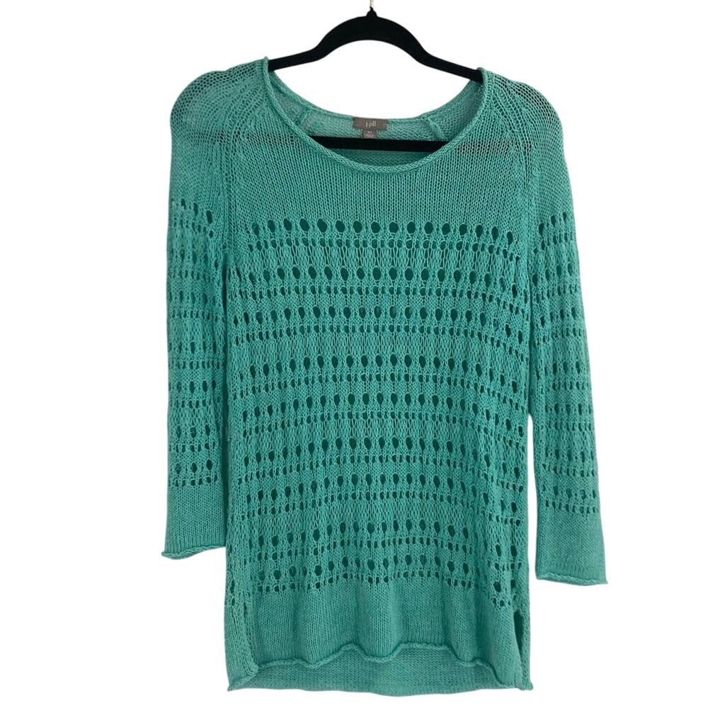 J.Jill Open Knit Linen Cotton Aqua Blue Sweater Women’s Size XS Boho Coastal